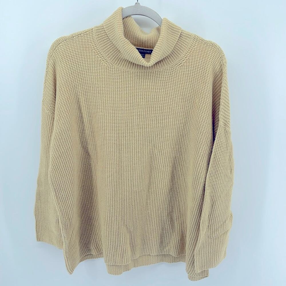 Eileen Fisher 100% organic cotton waffle knit oversized turtleneck sweater sz L